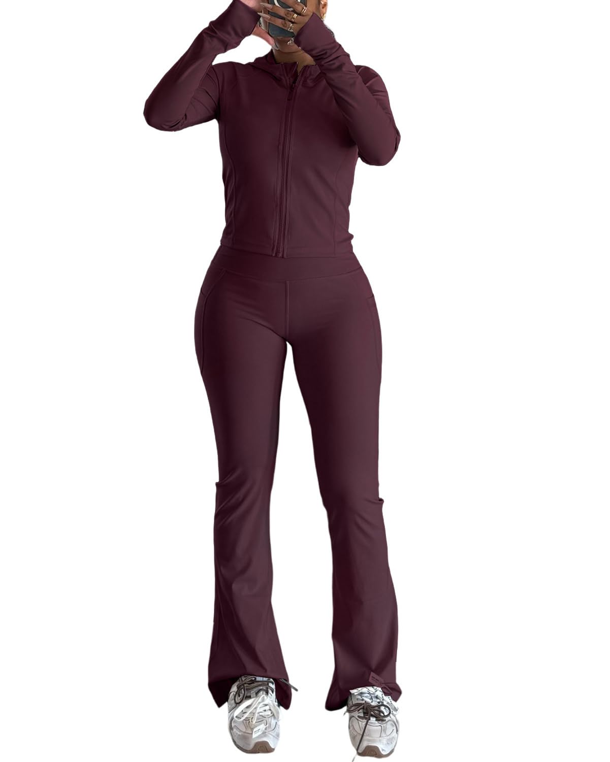 XYZDRESSOR Women 2 Piece Workout Sets Long Sleeve Jacket Flare Long Yoga Pants Workout Sets Tracksuit With Pockets