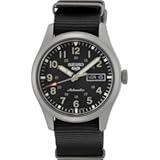SRPG37 Watch for Men - 5 Sports - Automatic with Manual Winding Movement, Black Dial, Stainless Steel Case, Black Nylon Strap, 100m Water Resistant, and Day/Date Display