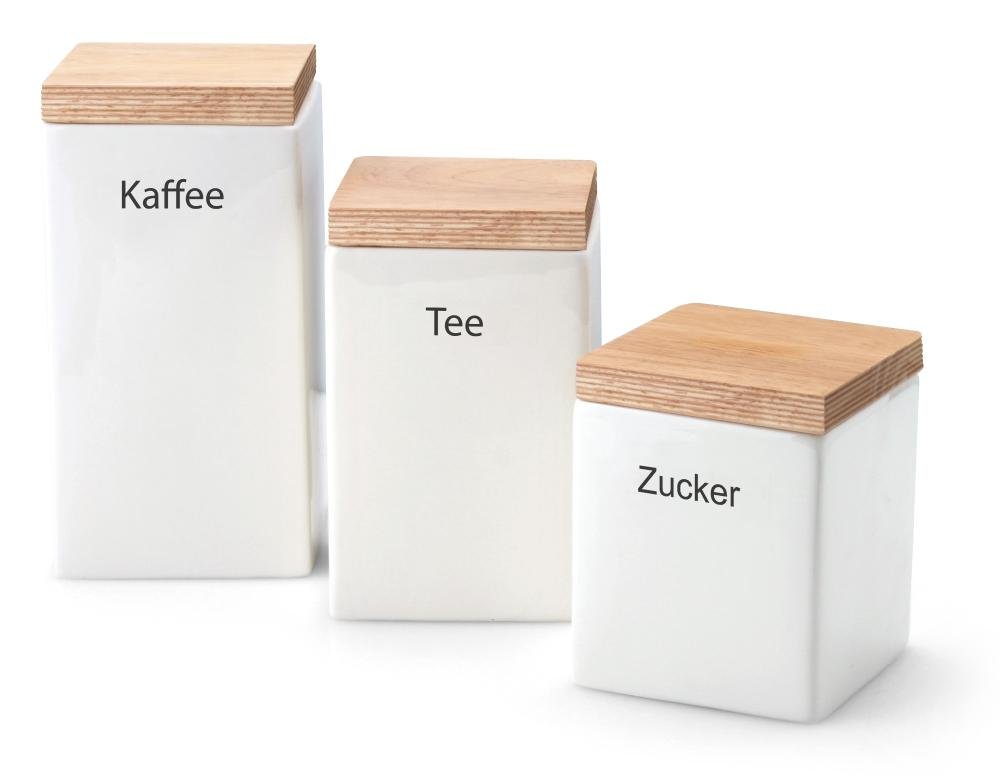 2 Stück Continenta Kaffee Vorratsdose aus Keramik, quadratisch, mit Holzdeckel, luftdichter Vorratsbehälter, 1,2 Liter, 10 x 10 x 20,5 cm, Set by Dant