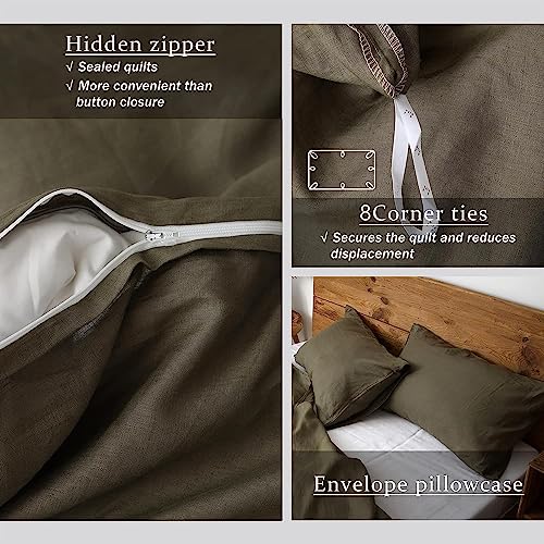 Image of XZ XIFA 100% Washed French Flax Linen Duvet Cover Set - 3 Pieces, Cooling & Textured Farmhouse Bedding for Hot Sleepers, with Zipper Closure (Olive Green, Full)