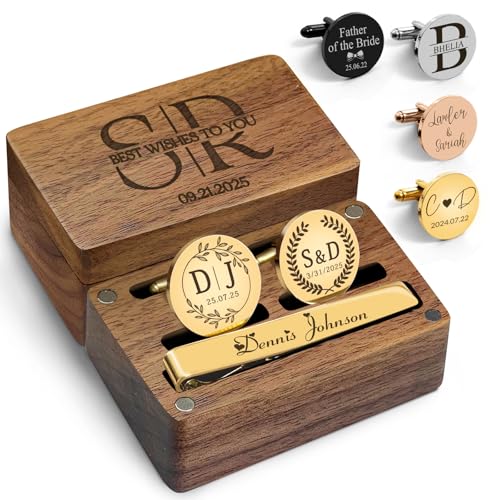 Personalized Cufflinks for Men Custom Engraved Initials Cuff Links Tie Clip Set Customized Wedding Gift for Groom Father Groomsman