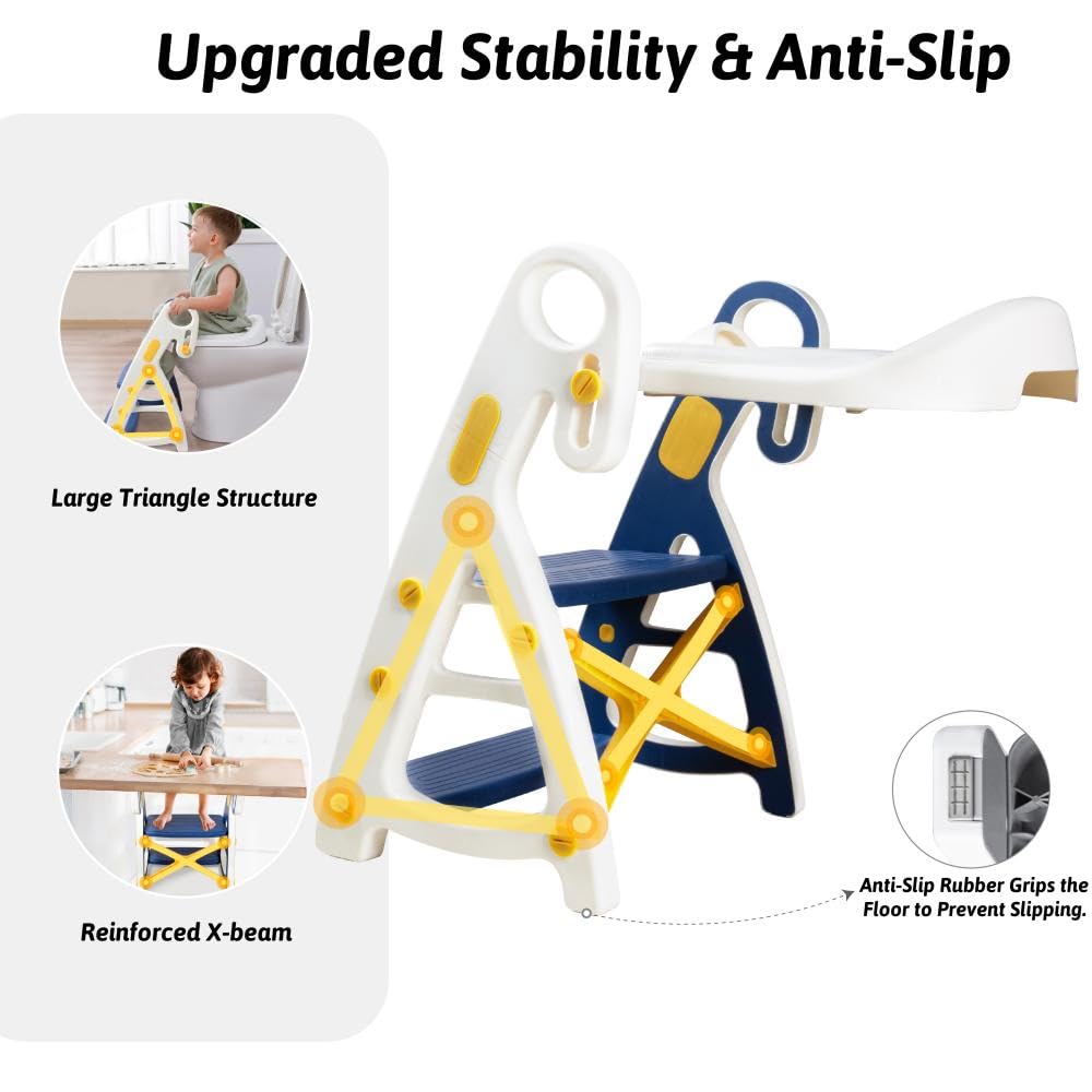 Potty Training Seat with Extra Large Pedal, Potty Seat with Super Soft Cushion, Easy Install with Just Coin, Height Adjustable Kids Step Stool with Triangle Stable for Toilet & Kitchen (Blue)