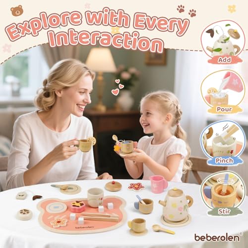 Image of Wooden Tea Set for Little Girls Birthday Gift 3 4 5 Year Old Tea Party