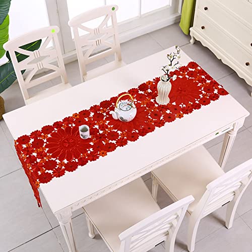 Chemin de table de mariage boho creux brodé rouge en polyester - 4