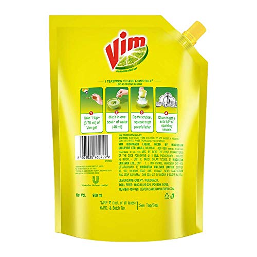Image of VIM Dishwash Liquid Gel Lemon, With Lemon Fragrance, Leaves No Residue, Grease Cleaner For All Utensils, 900 Ml Refill Pouch, Antismell With Pudina, Pack Of 5
