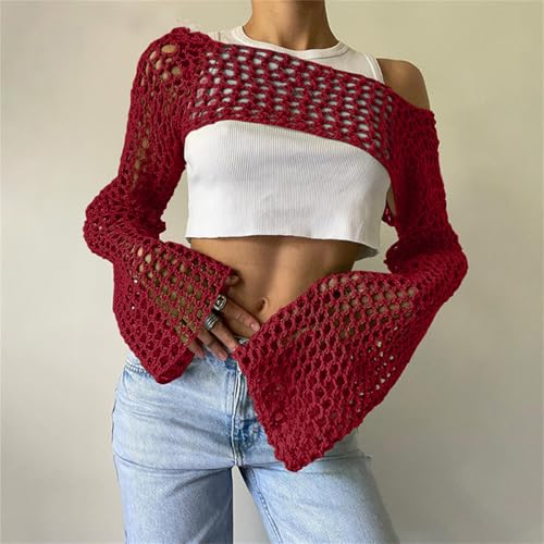 Women's Mesh Crochet Crop Tops Shrugs,Sexy Hollow Out Cropped Knit Sweater See Through Beach Cover Ups2