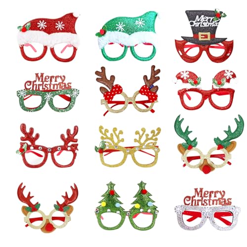 Christmas Novelty Glasses 12 Pieces Christmas Glasses Novelty Christmas Glasses to Wear Novelty Xmas Glasses Christmas Party Glasses for Adults and Kids Xmas Novelty Glasses without Lenses