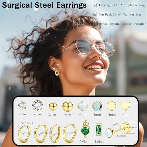 14 Pairs Gold Plated Surgical Steel Earrings Set,Suitable for Hoop Earrings Flat Back Stud Hypoallergenic Cartilage Earring for Women Men Girls Helix Piercing Stud Jewelry3