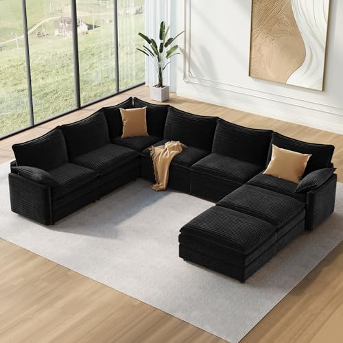 Image of Vesgantti Large Modular Sectional Sofa, Big Comfy Cloud Couch with Ottoman Deep Seat Corduroy Cloud Sofa, 8 Seater Large Sectional Couches for Living Room, Bedroom and Apartment, Black