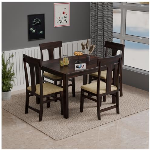 Image of Rajasthan King Solid Wood 4 Seater Dining Set With Classic T-Back Design Cushion Chairs| Wooden Dining Table Set For Dining Room | Kitchen | Finish Color - Walnut Finish |