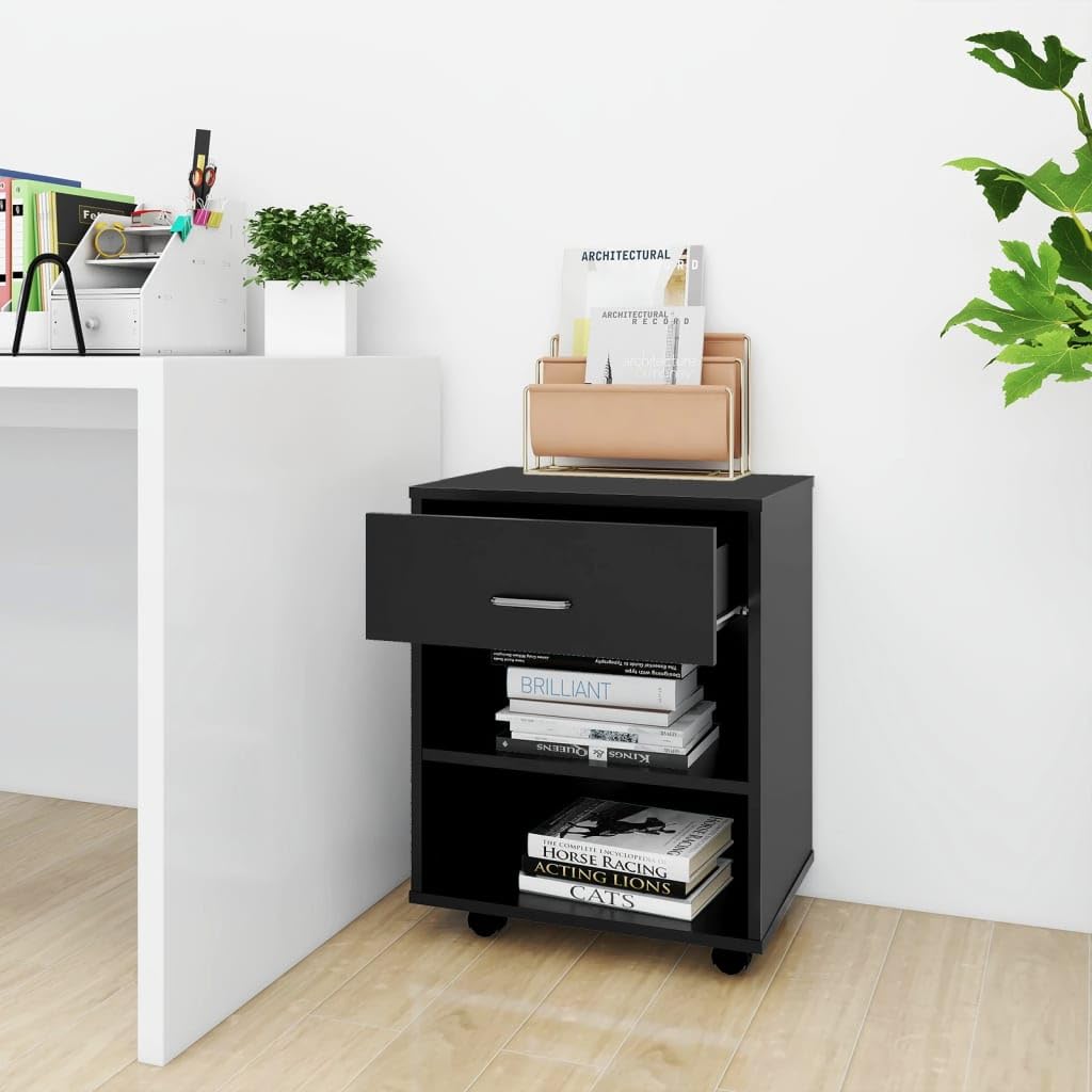 Cassettiera nera 46 x 36 x 59 cm, mobile per stampante in legno, armadio flessibile con 4 ruote, per casa e ufficio