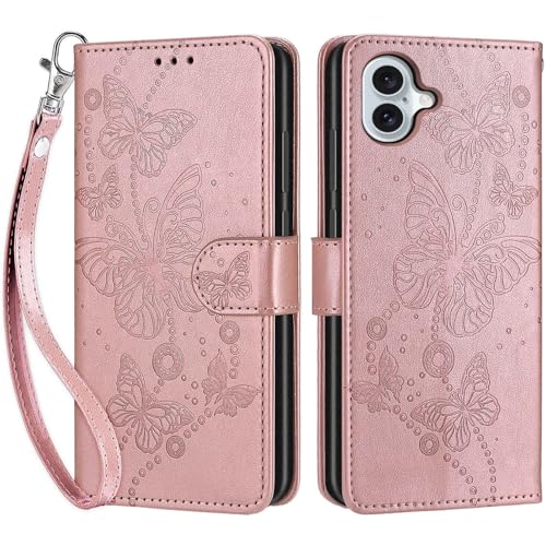 Étui portefeuille iPhone 16 Plus en cuir gaufré avec porte-cartes et dragonne pour femme