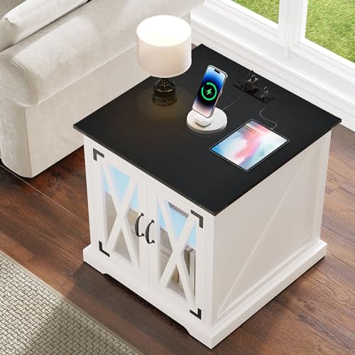 DWVO Farmhouse End Table, Sofa Side Coffee Table with Charging Station and LED Lights, Nightstand with Adjustable Storage Shelf, Bedside Table for Living Room, Bedroom, White