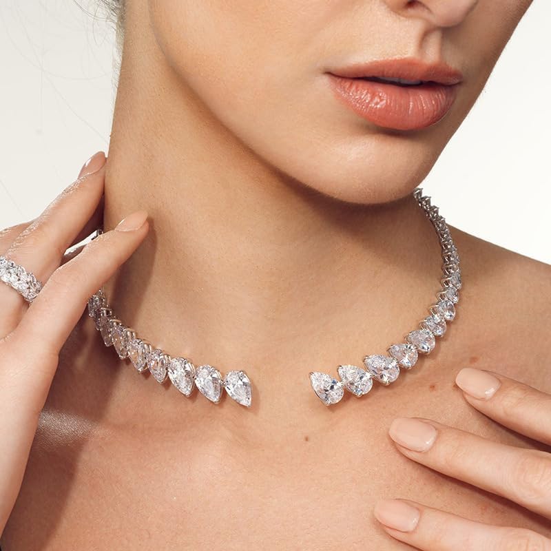 Cubic Zirconia Open Collar Necklace for Women Prom Jewelry Statement Teardrop Silver Cuff Choker Necklace Non Tarnish - Image 2