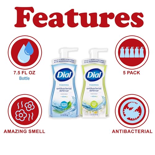 Dial Foaming Hand Wash Variety Pack, 5 Pack Hand Soap in Pump Bottles, Gentle Moisturizing Aloe Vera Formula, White Tea/Spring Water, 10 fl oz. Each - Image 3
