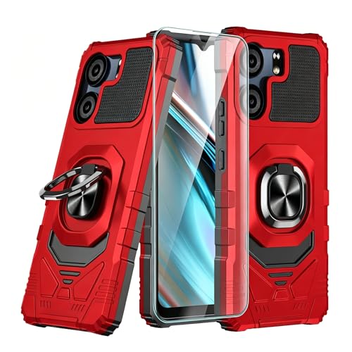for BLU View 5 B160V / BLU F5 5G Case with 1 Pack Screen Protector Dual Layer Hybrid Heavy Duty Defender Protection Sleek Rugged Reinforced Cushion Corner Kickstand Shockproof Bumper Cover Red