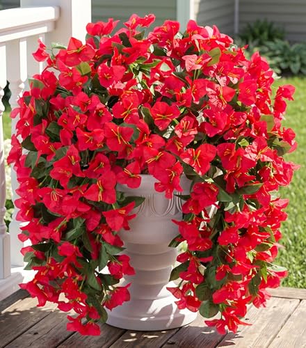 Faux Bougainvillea Artificial Flowers Plants for Outdoor Outside Decoration 2 PCS Red Fake Flowers UV Resistant Look Real Silk Long Trailing Vines for Front Door Porch Planter Urn Patio Garden Yard