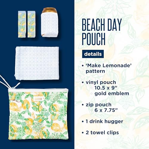Lilly Pulitzer Water Resistant Vinyl Beach Day Pouch, Zipper Bag Includes Drink Hugger, Small Pouch, and Towel Clips, Make Lemonade2
