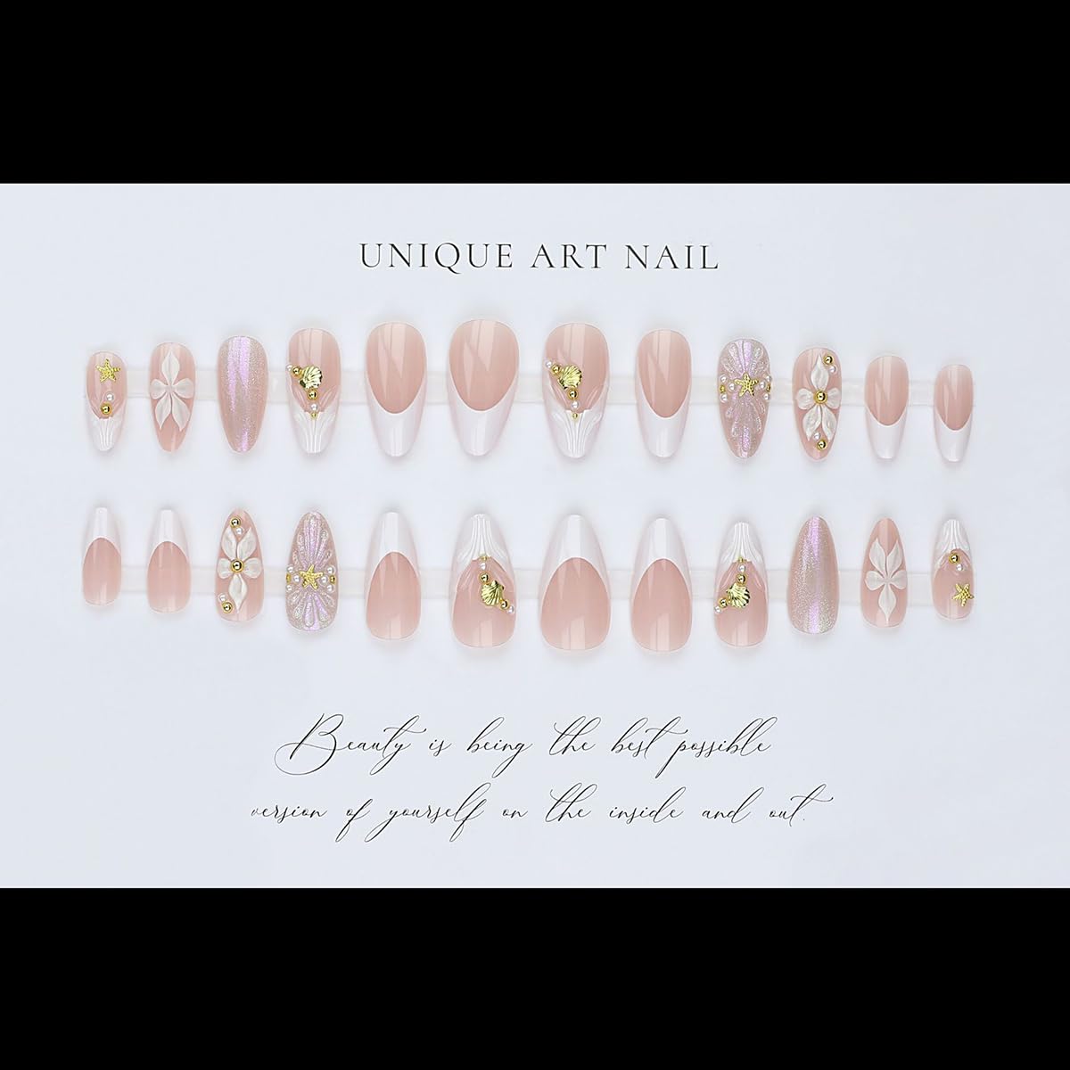 French Tip Almond Press On Nails With 3d Gild Cross Charms Kit_voghion.com