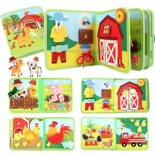 Kyteazr Busy Book for Toddlers 1-3, 25 in 1 Farm Busy Board Montessori Toys for Travel, Birthday Gifts for Boys and Girls, Learning Activity Book for Fine Motor Skills