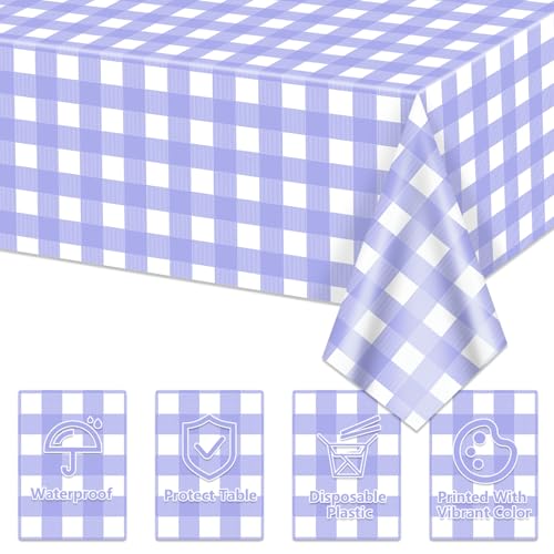 Hegbolke 4 Pack Purple Gingham Tablecloths, Purple and White Checkered Tablecloths 86 x 51 Inches Gingham Tablecovers Rectangular Waterproof Picnic Table Covers for Birthday Party Supplies by Hegbolke - Used condition - Image 3