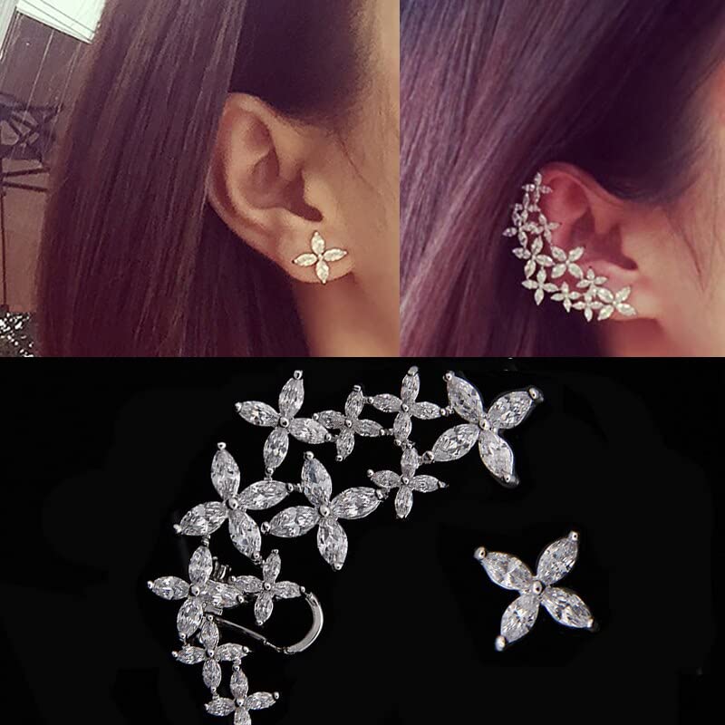 Manchette d'oreille à feuilles de cristal et boucles d'oreilles clip zircone femme