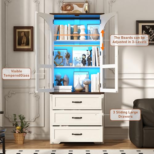 Image of 75 inch Tall Farmhouse Kitchen Pantry Cabinet with LED Lights,Wood Storage Cabinet w Arched Glass Doors /Drawers,Pantry Organizers and Storage,Rustic Wood Cupboard for Kitchen,Dining Room(White)
