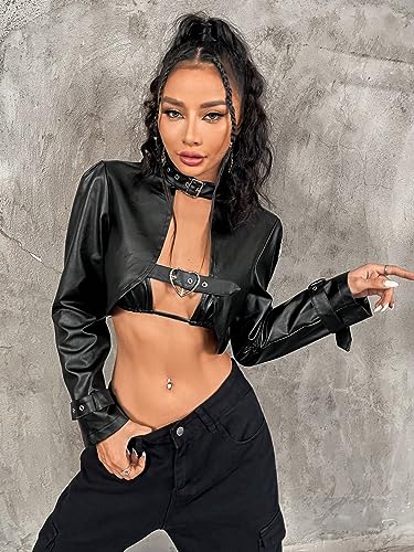 WDIRARA Women's Leather Buckle Belted Neck Long Sleeve Jacket Short Outwear Tops3