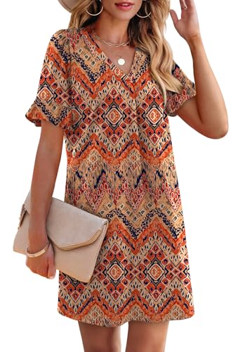 Image of OFEEFAN Summer Dresses for Women Ruffle Short Sleeve V Neck Casual Shift Dress with Pockets