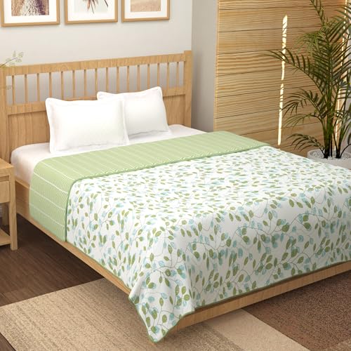Image of Story@Home Super Soft Cotton Leaf Pattern Lightweight Double Blanket /Duvet /Comforter /AC Dohar (88x94 Inches, Olive Green and White)