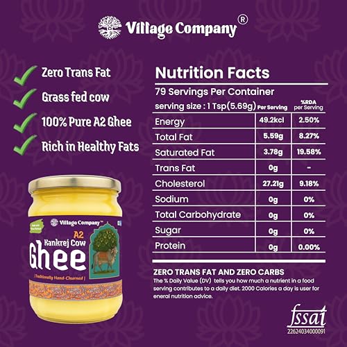 Image of Village Company A2 Cow Ghee Bilona Method | Kankrej Cow A2 Ghee | Bilona Ghee | Desi Cow Ghee | Two Way Curd Churned | Grainy Danedar Aromatic | Lab Tested | Glass Jar - 550 ML A2 Pure Ghee