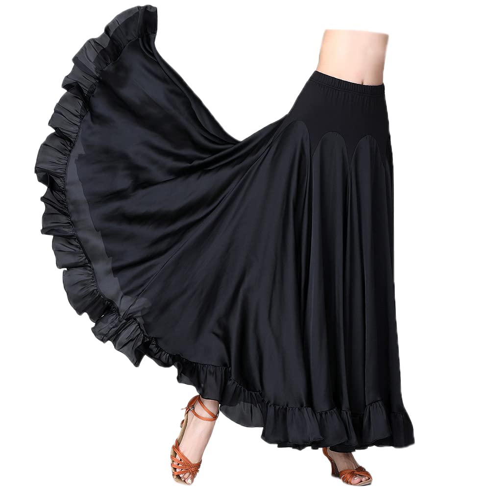 YM YOUMU Jupe longue à volants en satin avec taille élastique pour femme - Pour danse folklorico espagnole, noir, Taille M