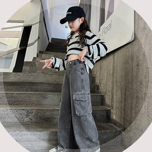 Stylish Girls Cargo Pants Elastic Waist Casual Denim Wide Leg Pants with Pockets for Everyday Wear3