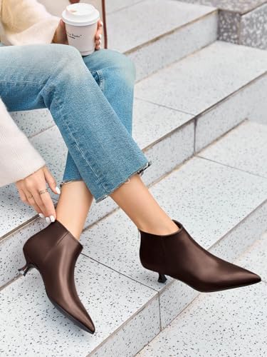 Coutgo Womens Kitten Low Heel Booties Pointed Toe Short Ankle Boots Back Zipper Fall Shoes3