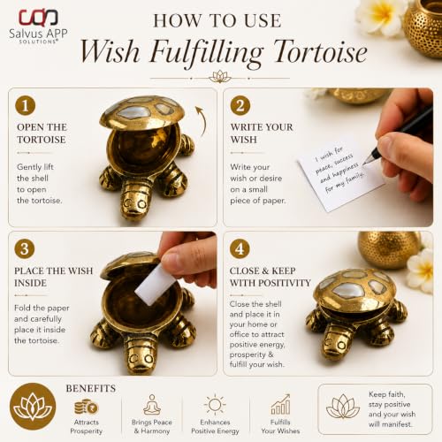 Image of Salvus APP SOLUTIONS Brass Made Wish Fulfilling Tortoise /Turtle Religious - Feng Shui Charm for Home Decor, Positive Energy, and Prosperity (White & Golden 3x1.2 Inch)