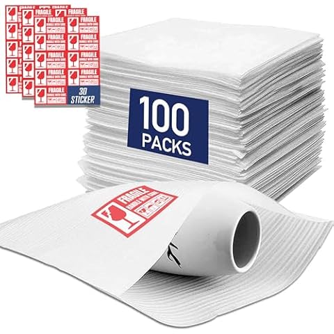 Cushion Foam Pouches 12x12 Inch (100 Pack) with 30 Fragile Stickers - 0.5mm Thick Foam Pouches for Packing Dishes, Glassware & Fragile Items - Protective Packing Sleeves for Moving, Storage & Shipping Cover