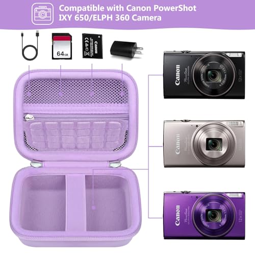 Image of Camera Case for Canon PowerShot ELPH 360 HS A, IXY 650 /ELPH 360 Camera Protective Case Storage Holder Travel Bag with Wrist Strap, Mesh Pocket for Battery Pack, USB Cable, Purple