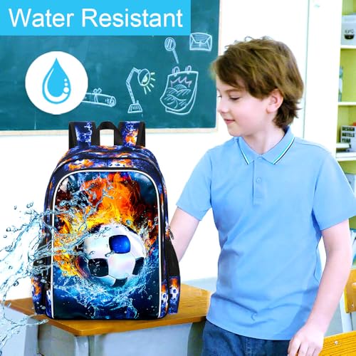 Image of 17 inch Soccer Backpack for Boys, Kids Bookbag with Lunch Box, 3Pcs Football School Backpacks for Elementary Preschool Kindergarten (Fire and Ice)