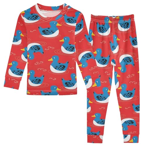 Pajama Sets Long Sleeve Blue Ducks on Red Soft Comfy Sleepwear 2 Piece PJS 3-8T