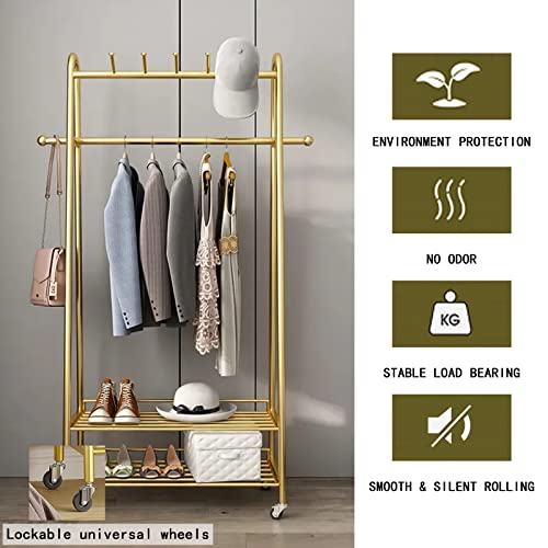 Maikailun Clothes Rack Gold, Freestanding Coat Rack Modern Rolling Garment Rack With Wheels And Bottom Shelves, Industrial Heavy Duty Pipe Clothing Rack Wardrobe Closet For Boutique Display (47'L) #TOP2
