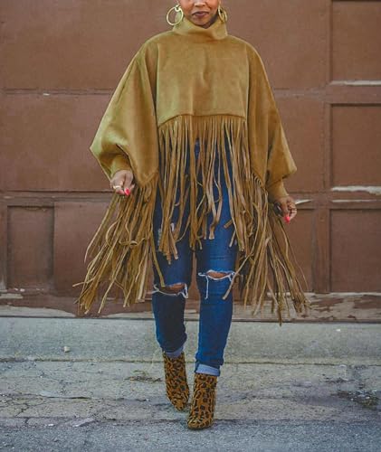 xxxiticat Women's Fringe Suede Poncho Long Sleeve High Neck Asymmetric Tassel Shawl Cape Cloak Oversized Pullover Jacket4