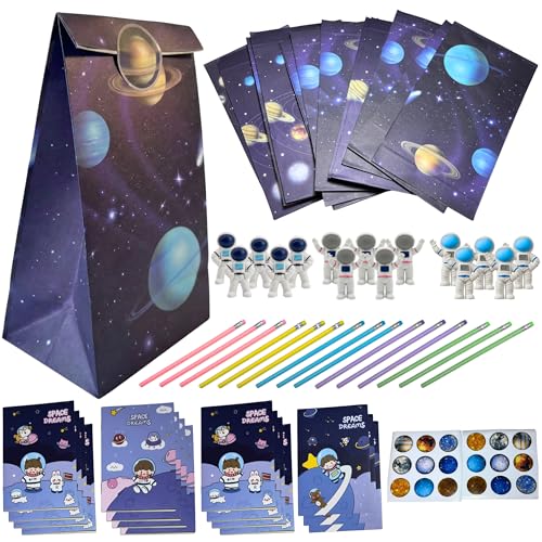 BS BERTSON Set 15 Sobres Regalo de cumpleaños niños colegio, lápices, gomas de borrar y libreta pequeña, caja regalo con diseños de astronautas y planetas, regalos originales para niños de 4 a 9 años