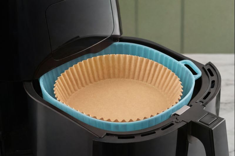 Image of 1 Silicone Air Fryer Liner + 100 Paper Sheets | Reusable Silicone Liner with Disposable Parchment Paper | Non-Stick, Heat Resistant, Oil-Proof | Easy Clean for Air Fryer, Oven & Microwave