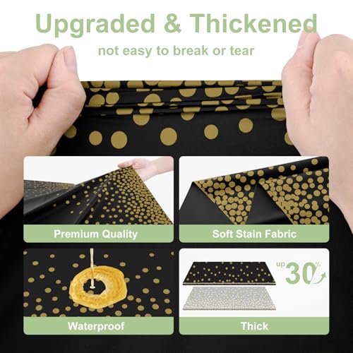 Image of Smiry Plastic Table Cloth Disposable 4 Pack, 54 x 108 Inch Rectangle Waterproof Tablecloth, Printed Gold Table Runner Style for Birthday Weeding, Party Decorations, Leakproof & Sturdy, Black and Gold
