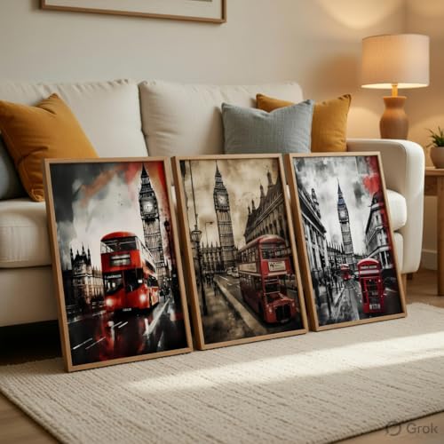 Image of Livin'luxe London City Wall Painting Set of 3 with Wooden Frames | Big Ben & Red Bus London Street Artwork HD Sparkle Laminated MDF Wall Decor | Modern Travel Wall Art for Living Room