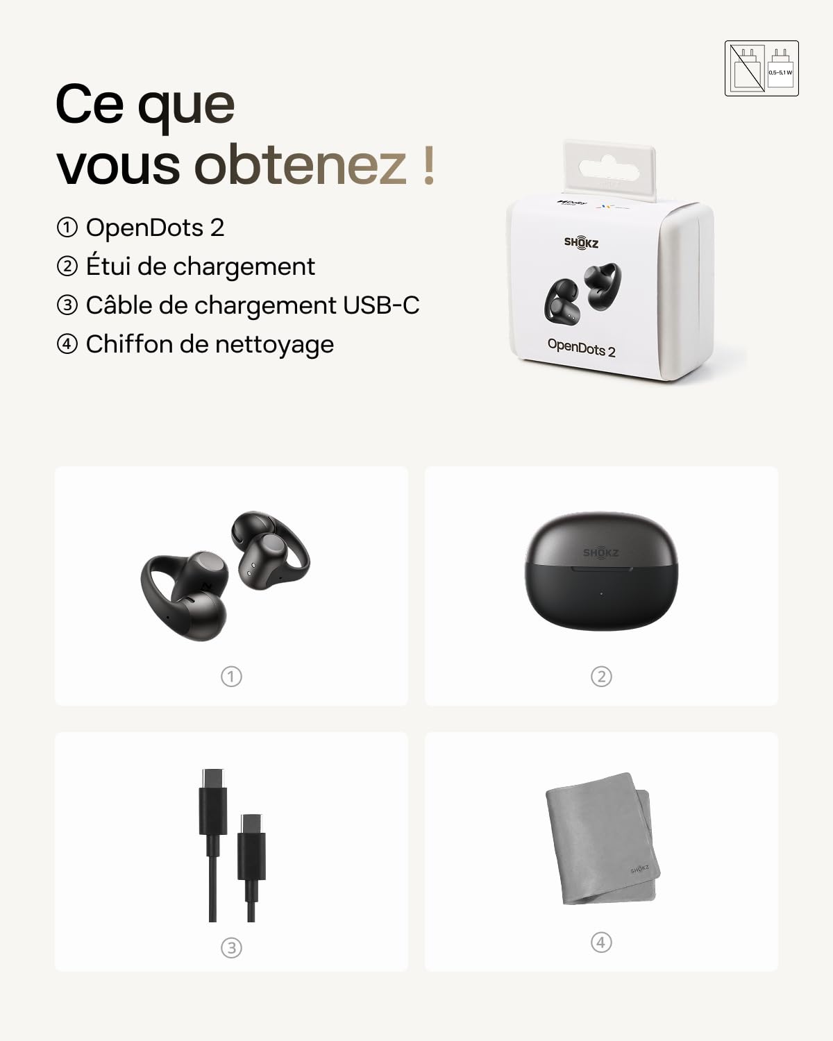 SHOKZ OpenDots 2 Écouteurs Clip-on à Oreilles Libres, Bluetooth 6.1, Dolby Audio, 40 h d'autonomie, Appels avec Réduction du Bruit par IA, Résistance IP57, Charge Rapide sans Fil, Noir
