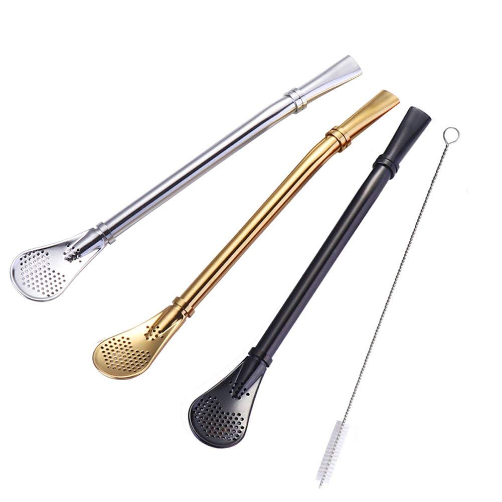 Reusable Bombillas Straws, 3 Pack Yerba Mate Tea Stainless Steel Drinking Straws, Christmas Gifts, with Cleaning Brush By Beruth