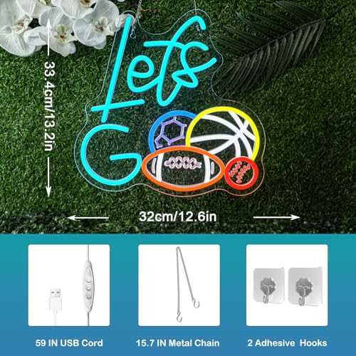 Image of Sports Neon Sign Let's Go Basketball LED Light 4 Balls Combination Sign Light Up Baseball Wall Decor for Gym Themed Party Lighted Football Gifts for Sports Lover