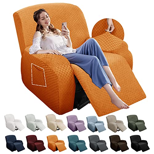 Image of YEMYHOM 4 Pieces Stretch Recliner Slipcover Jacquard Recliner Chair Cover with Side Pocket Anti-Slip Fitted Recliner Cover Couch Furniture Protector with Elastic Bottom (Recliner, Orange)