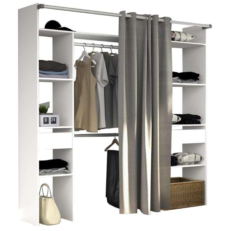 Miroytengo Vestidor Modular Abierto Custom en Color Blanco Incluye Modulo D + G con 8 Estantes, 2 Cajones, Cortina y 2 Barras 198x200x48 cm